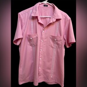 Coofandy button down short sleeve XL pink with white Embroidery linen/viscose